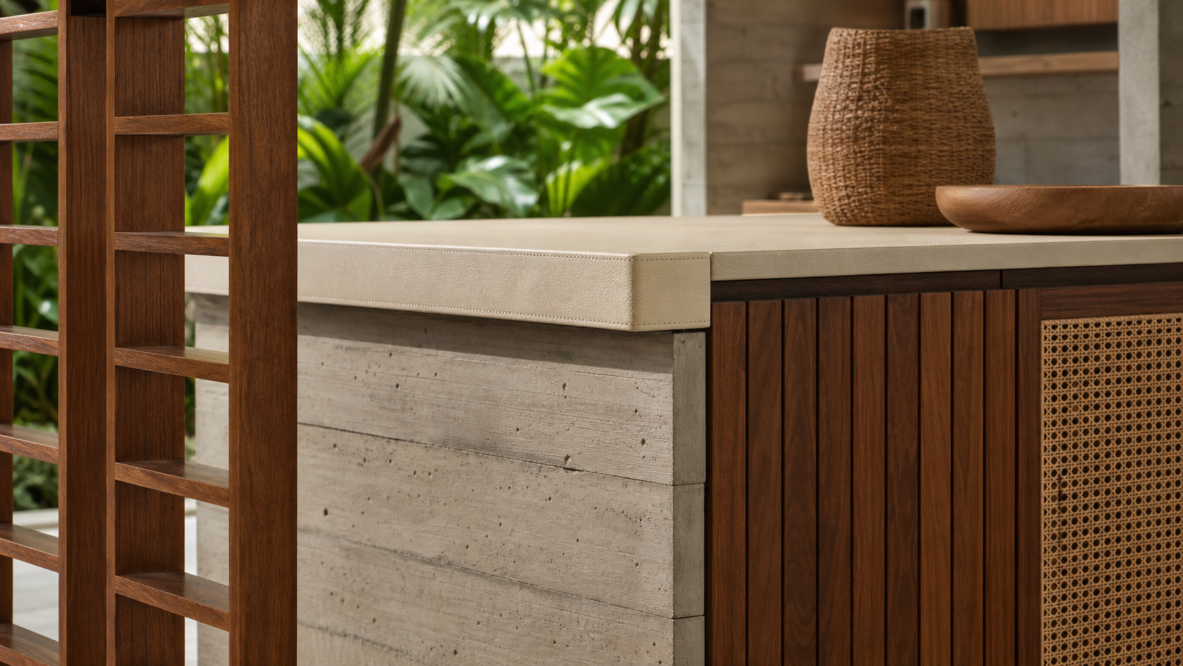 Fadior Forge Kitchen Suite with Parchment Leather Island Saddle — close-up of stainless steel finish and hardware detail