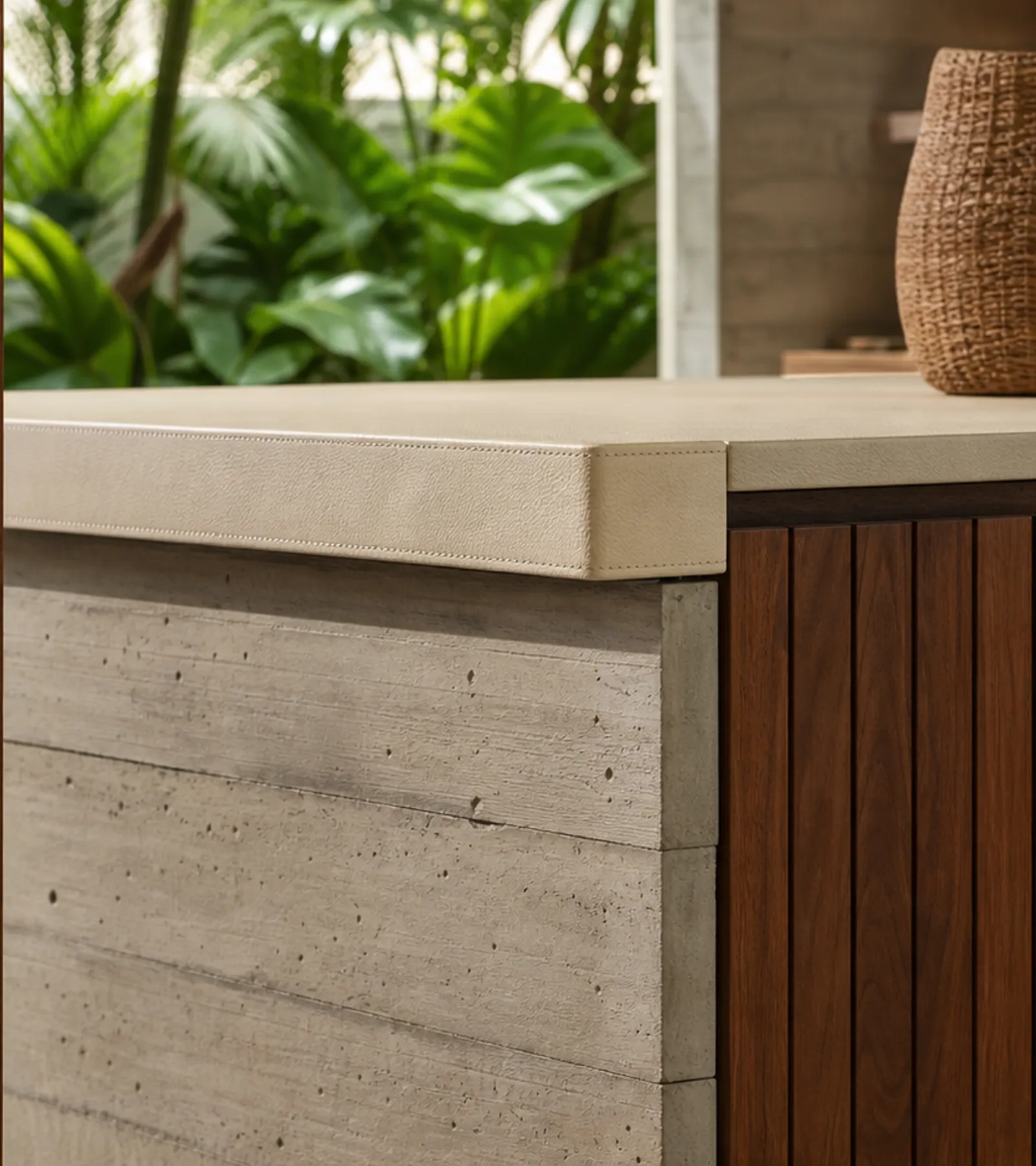 Fadior Forge Kitchen Suite with Parchment Leather Island Saddle — close-up of stainless steel finish and hardware detail