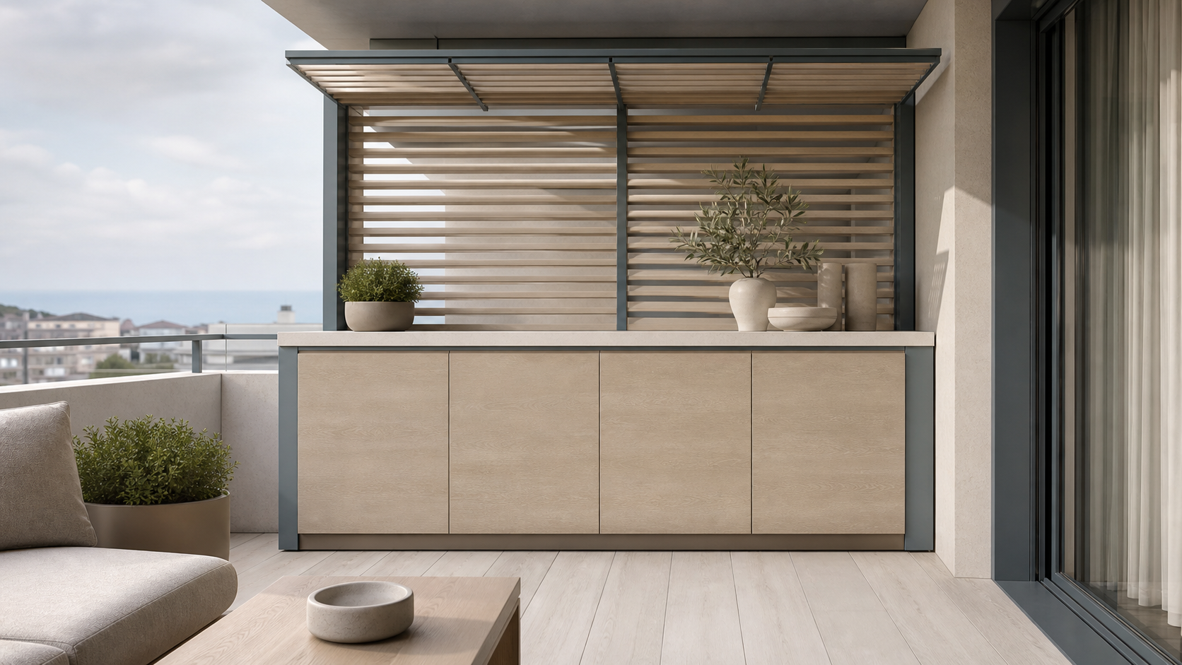 Fadior Aurora Balcony Suite with Louvered Shade Console — lifestyle setting with natural light and residential styling