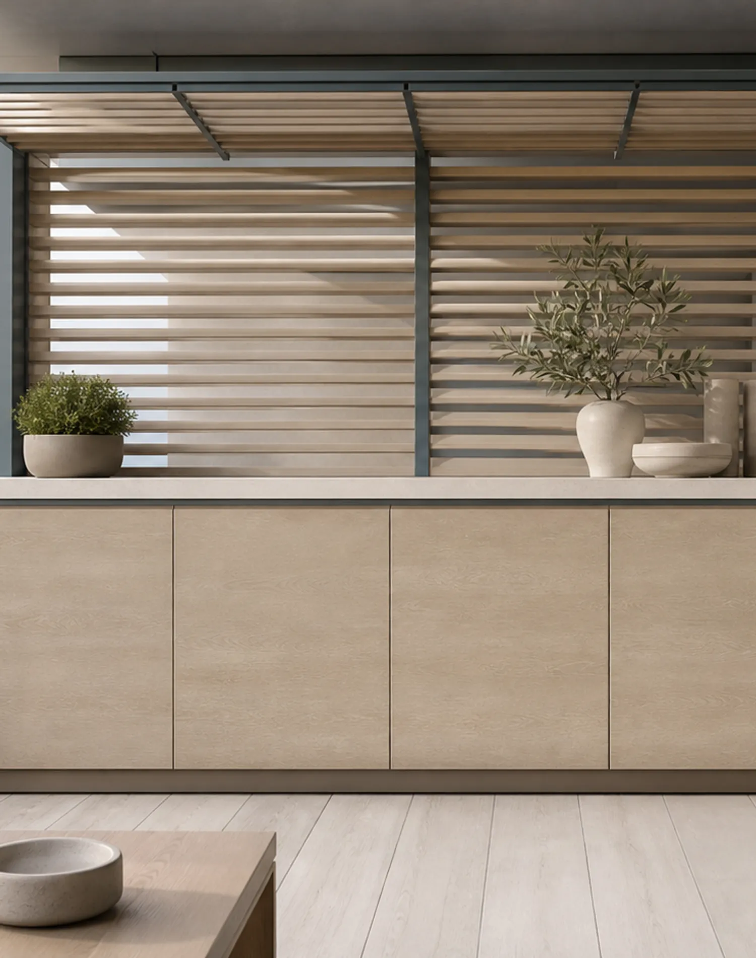 Fadior Aurora Balcony Suite with Louvered Shade Console — lifestyle setting with natural light and residential styling