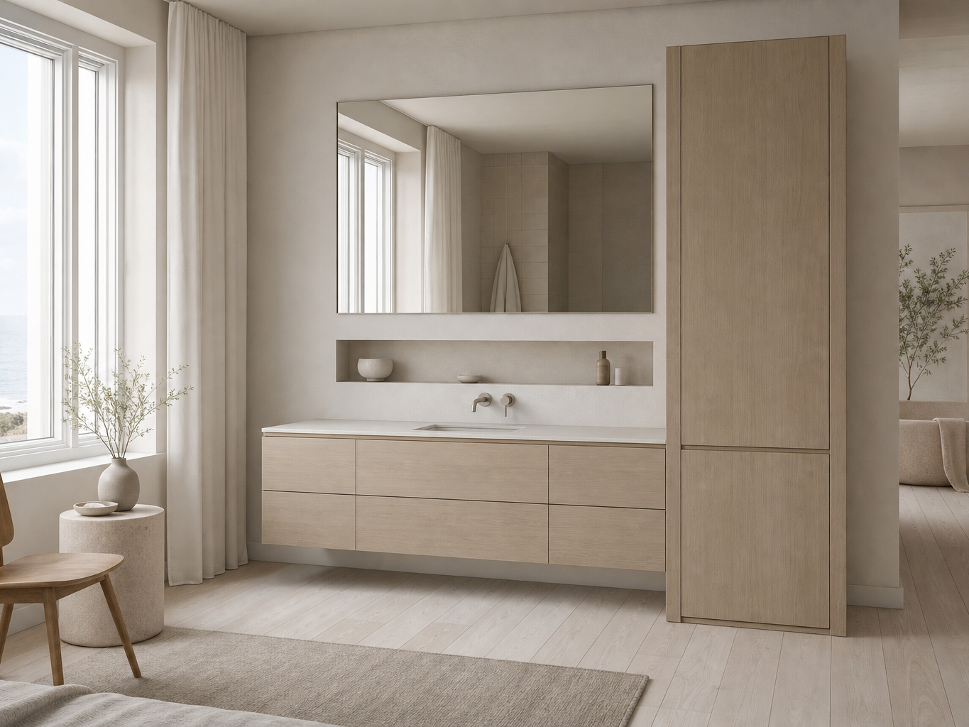 Fadior Nacre Bath and Vanity Suite with Soft Plaster Powder Niche — interior room context showing cabinet integration