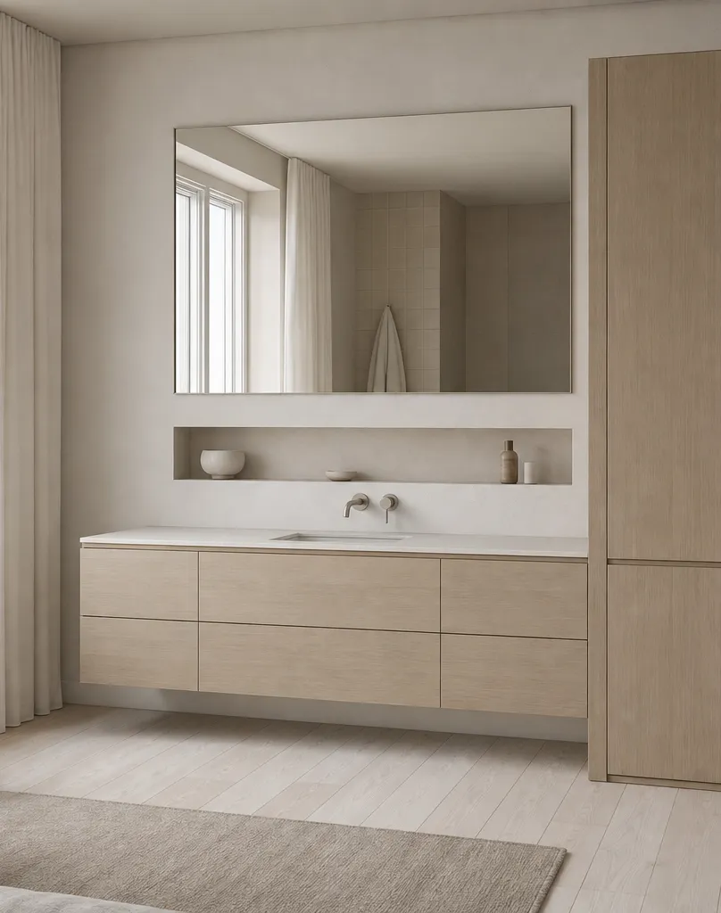 Fadior Nacre Bath and Vanity Suite with Soft Plaster Powder Niche — interior room context showing cabinet integration