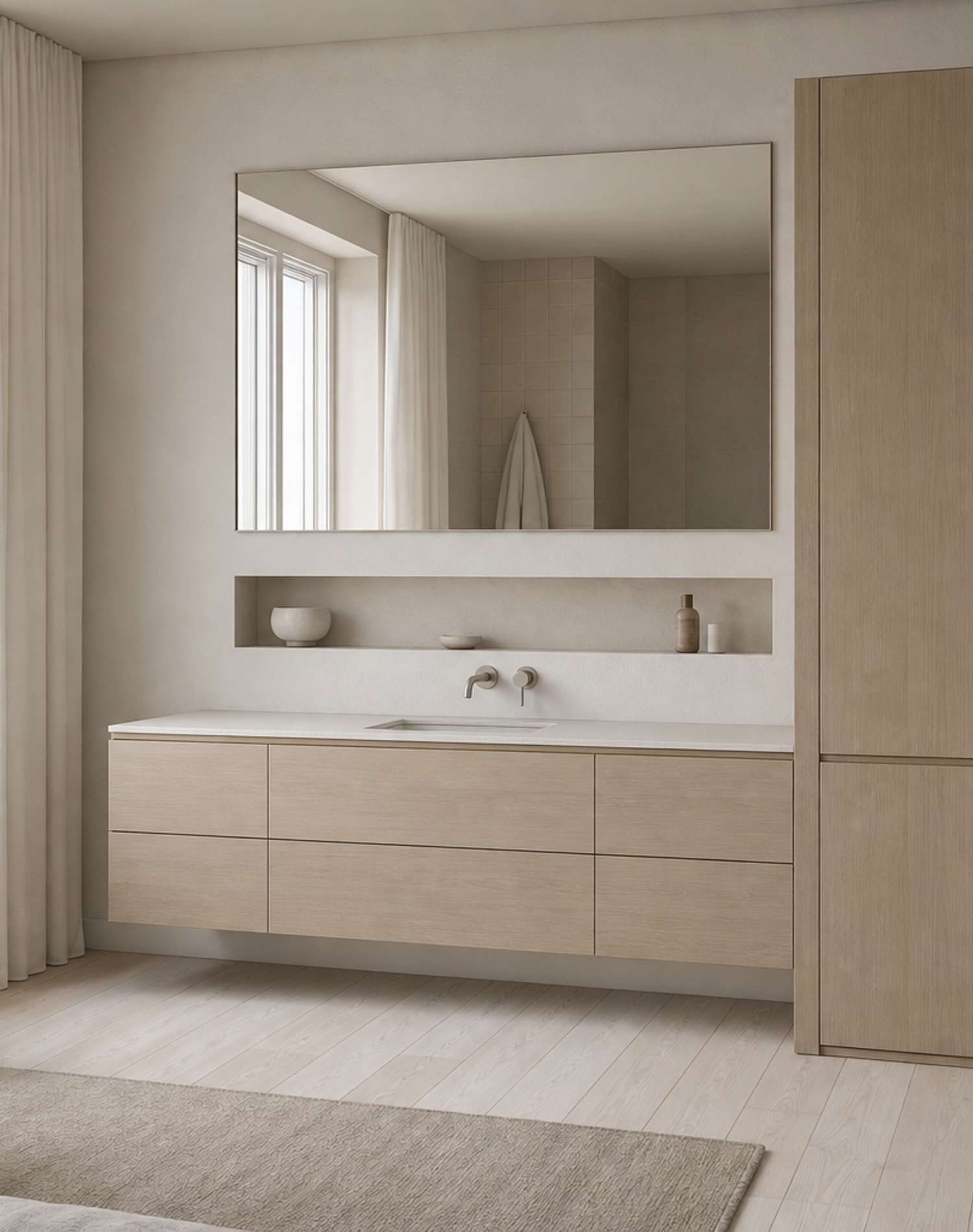Fadior Nacre Bath and Vanity Suite with Soft Plaster Powder Niche — interior room context showing cabinet integration