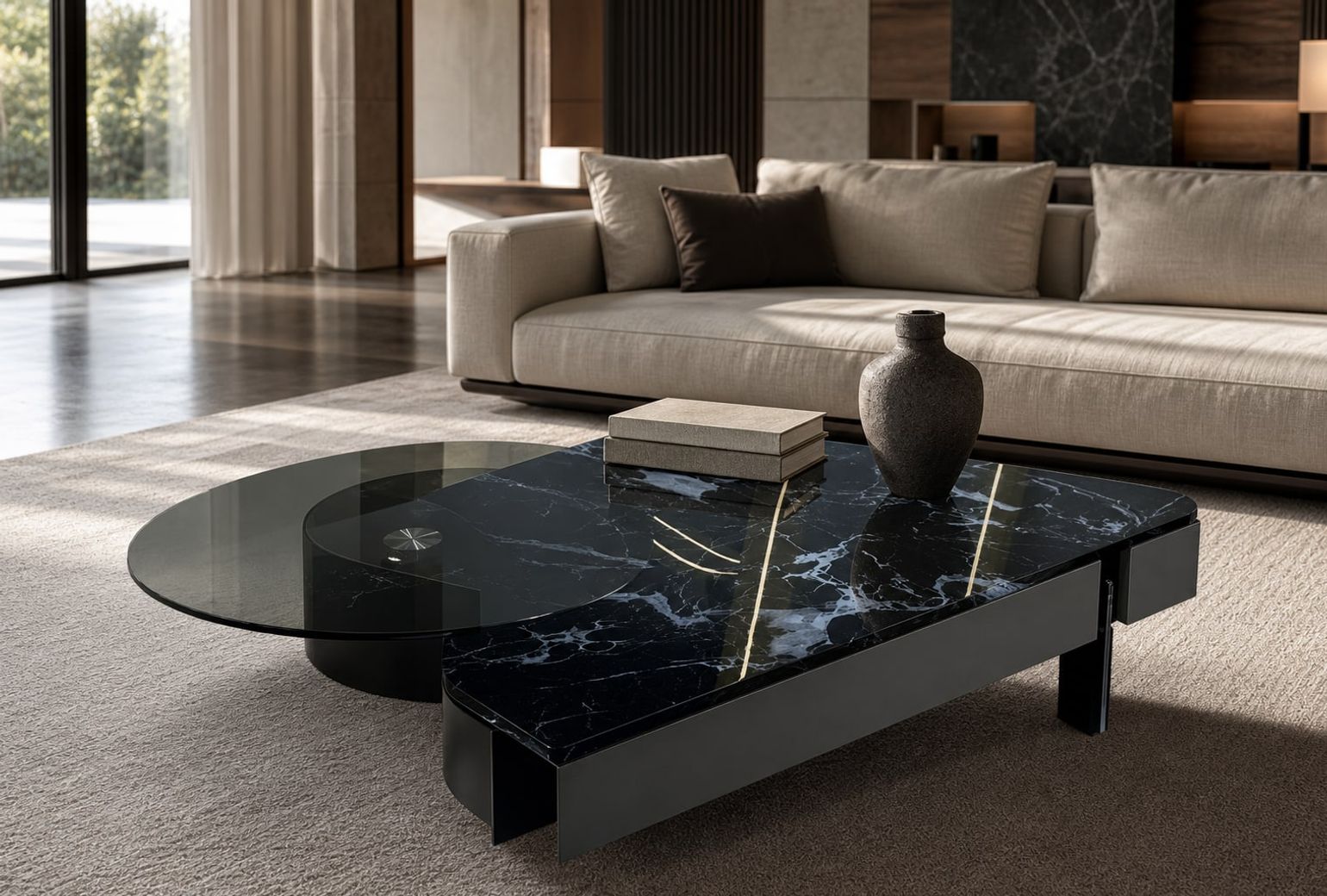 Leather-Accent Coffee Table (Art glass) styled in a FADIOR HOME interior setting