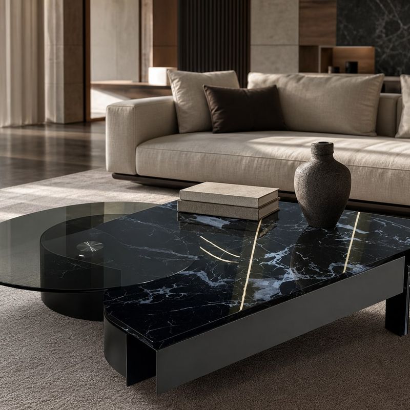 Leather-Accent Coffee Table (Art glass) styled in a FADIOR HOME interior setting