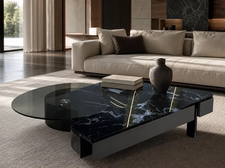 Mesa de piedra sinterizada y vidrio artístico 120×70 + 55 cm
