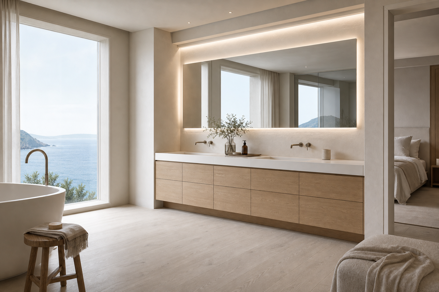 Fadior Ethereal Connected Spa Vanity Wall — lifestyle setting with natural light and residential styling