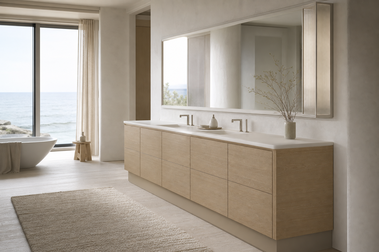 Fadior Ethereal Bath and Vanity Suite with Lantern Basin Screen — interior room context showing cabinet integration