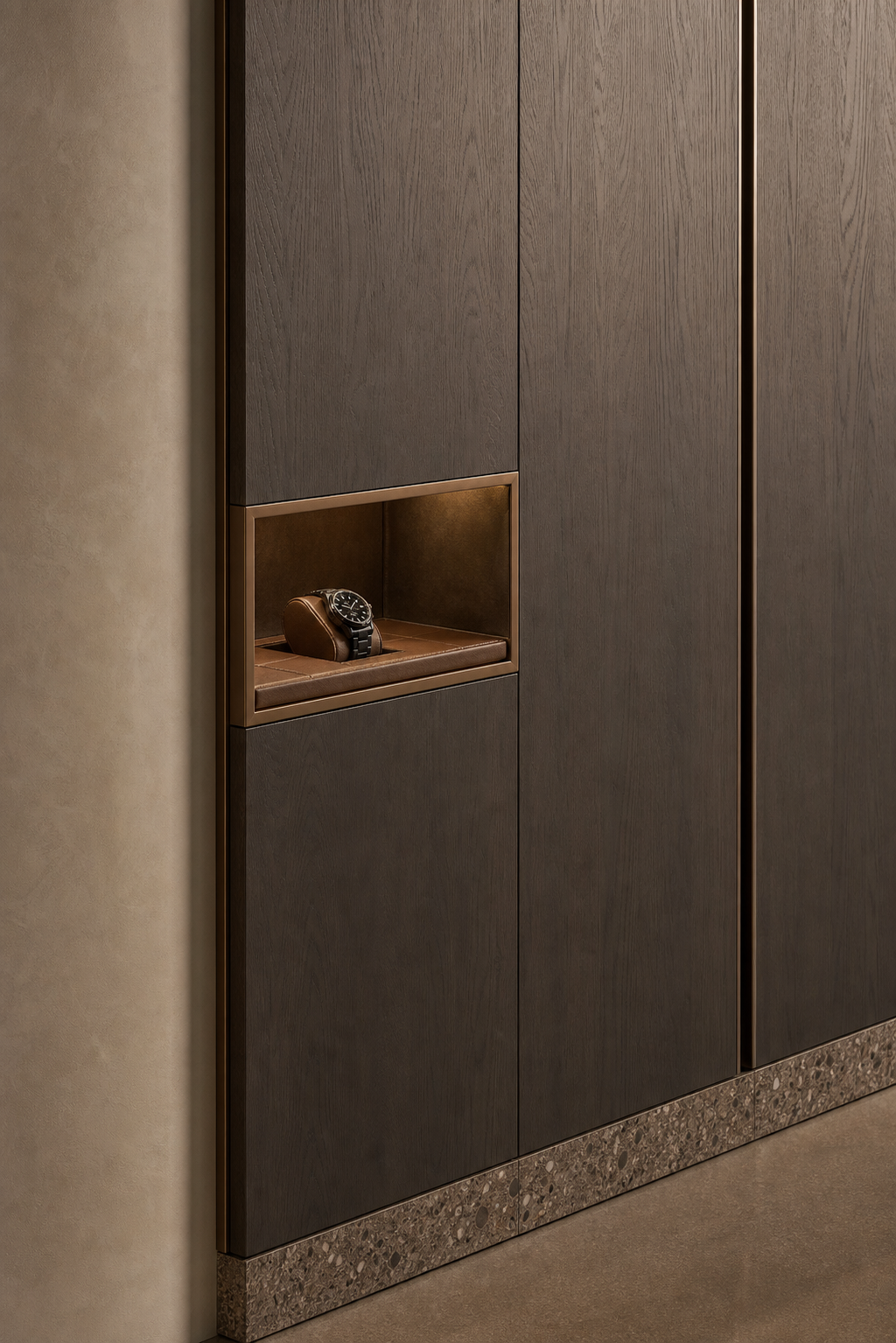 Fadior Voyage Wardrobe Suite with Recessed Watch Niche Wall — close-up of stainless steel finish and hardware detail