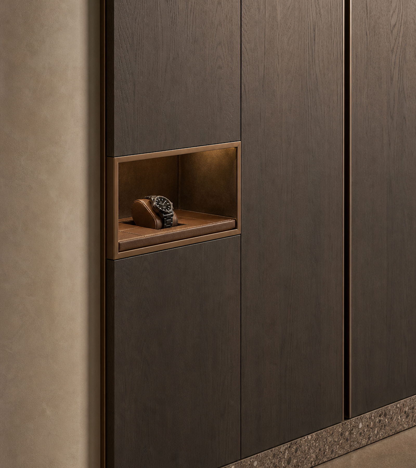 Fadior Voyage Wardrobe Suite with Recessed Watch Niche Wall — close-up of stainless steel finish and hardware detail