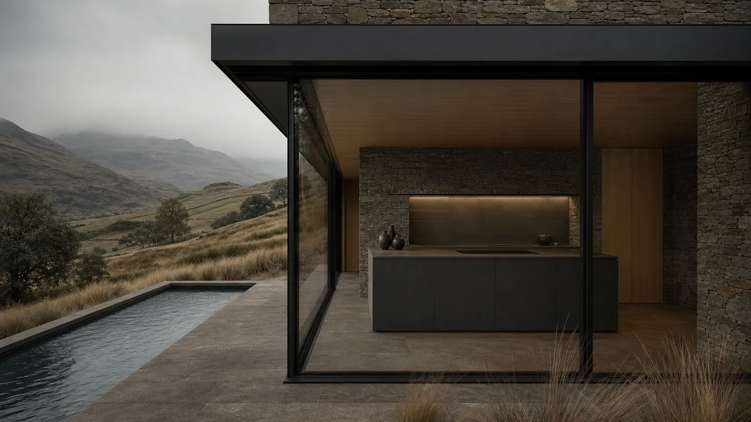 Kitchen atmosphere with matte black cabinetry, weathered stone, and mountain view framing induction calm.