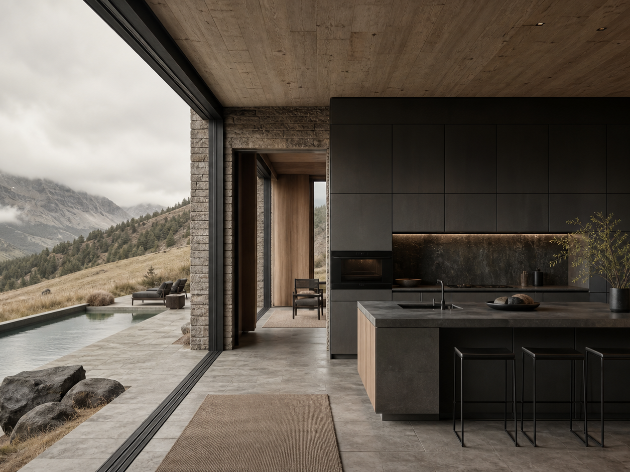 Modular kitchen design with terrace connection and mountain retreat planning. — 304 stainless steel cabinetry editorial by Fadior