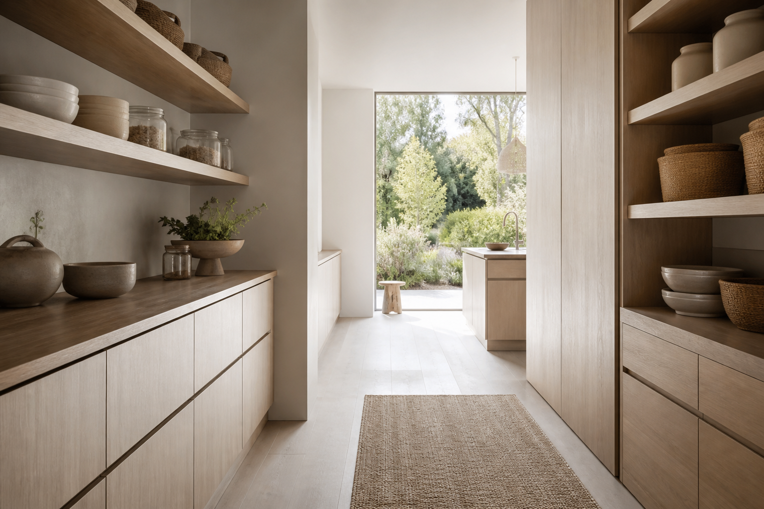 Fadior Tbilisi 340 sqm Kitchen Villa — pantry cabinets, open shelving, ceramic vessels, plaster wall and pale floor