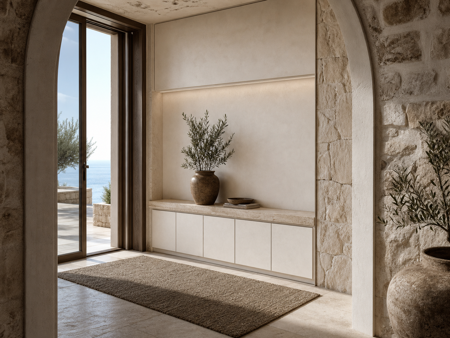 Fadior Loggia Entryway Suite with Travertine Keydrop Bench — interior room context showing cabinet integration