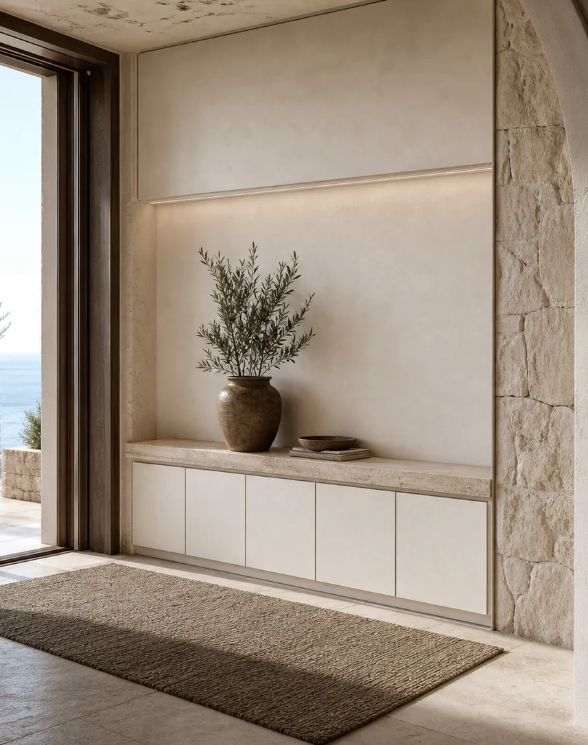 Suite de Entrada Loggia con Banco Travertine Keydrop perspectiva interior