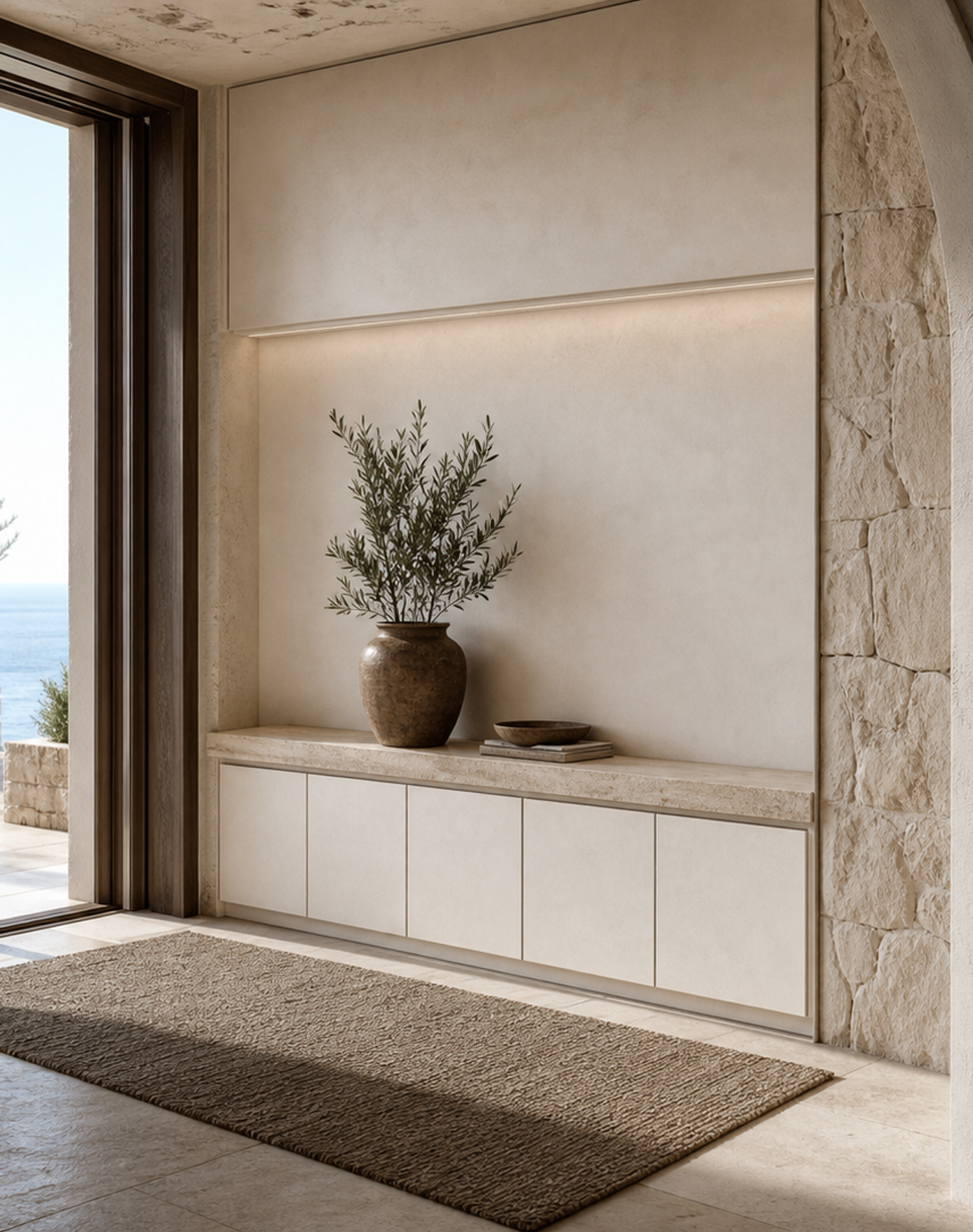 Fadior Loggia Entryway Suite with Travertine Keydrop Bench — interior room context showing cabinet integration