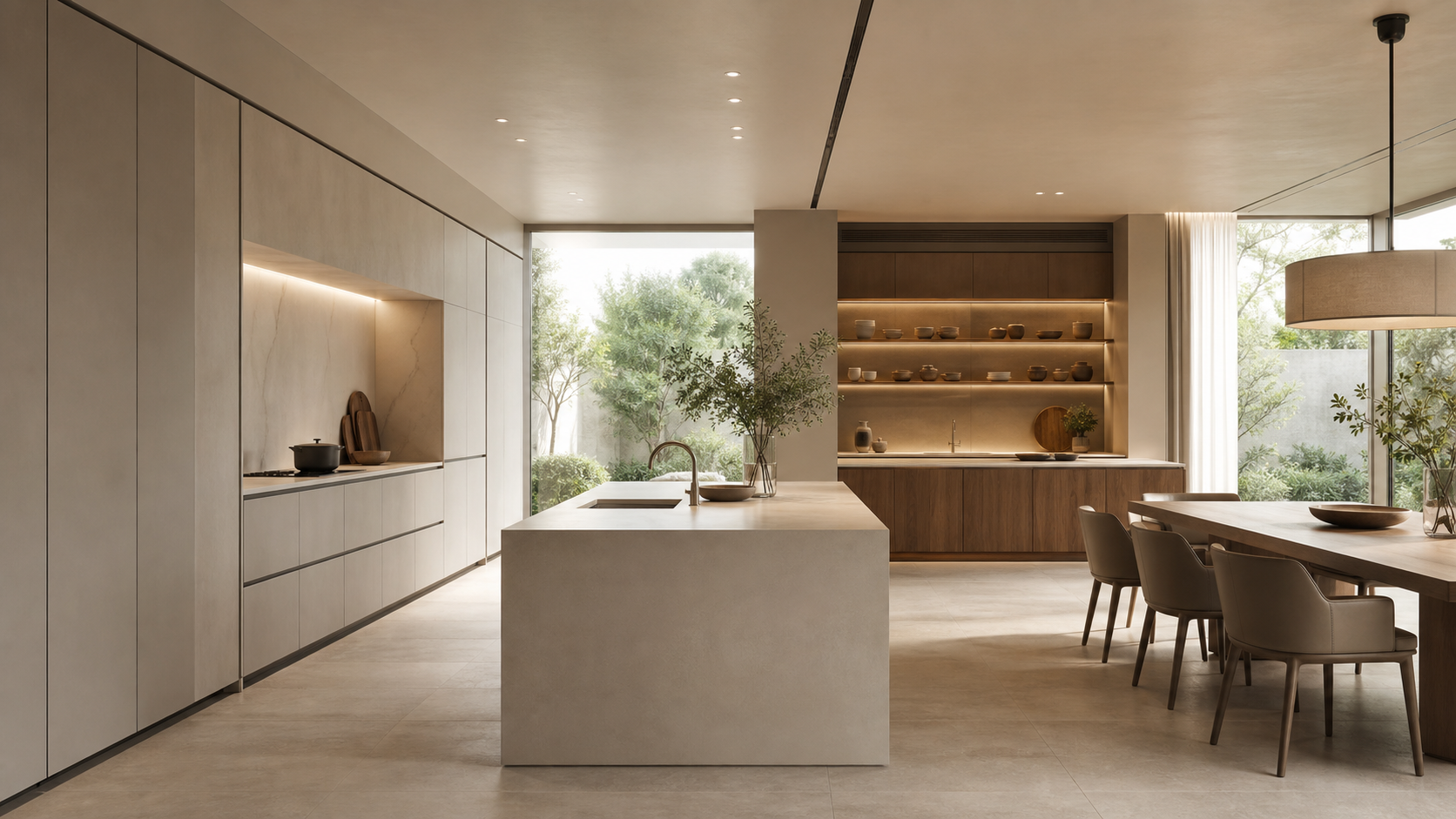 Luxury kitchen comparing concealed storage with warm open display zones.