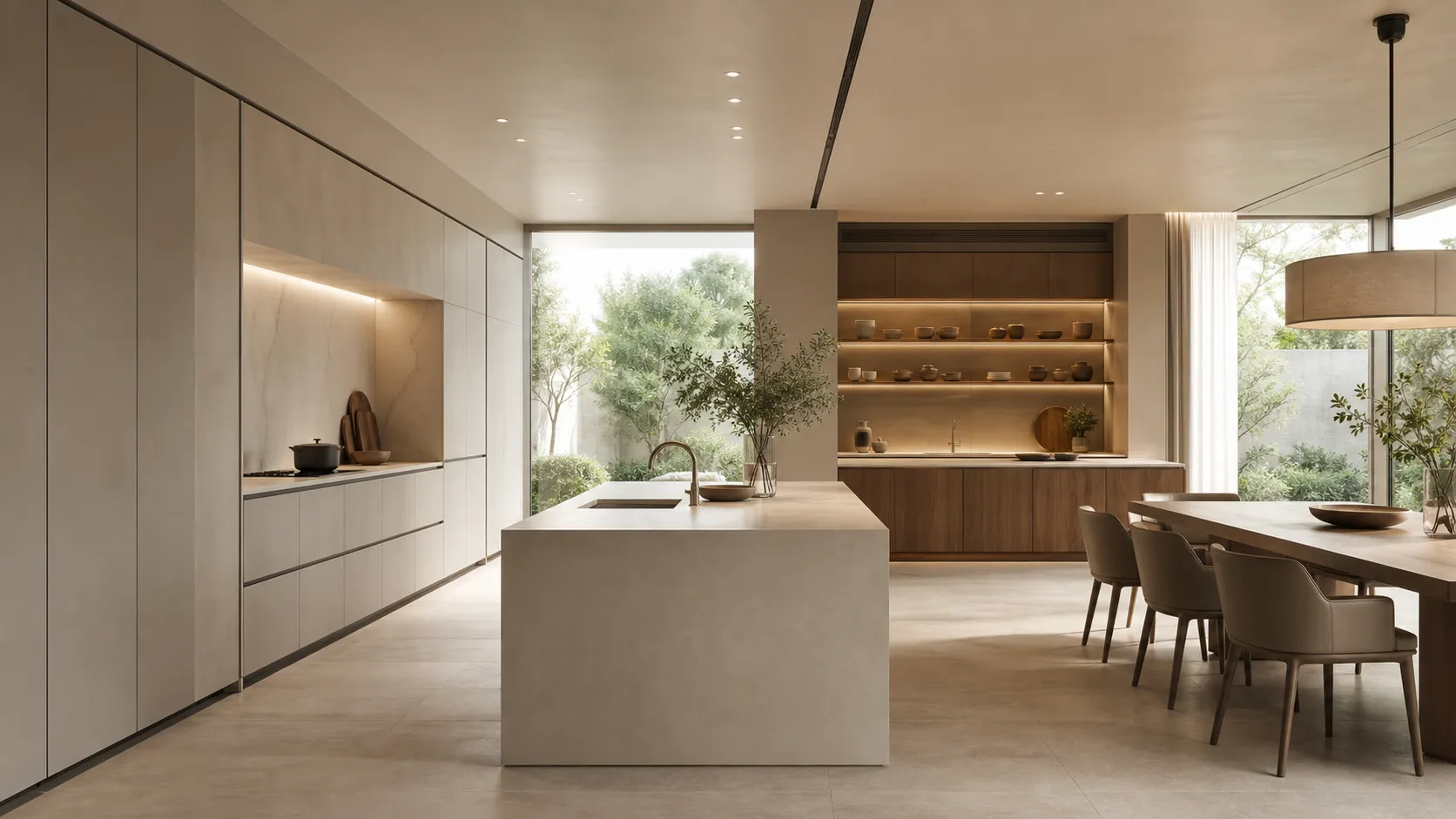Luxury kitchen comparing concealed storage with warm open display zones.