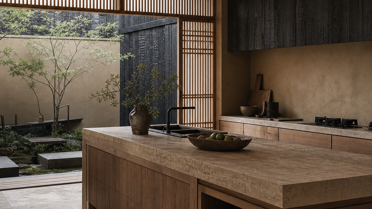 Quiet courtyard kitchen planned for aluminum cabinet decision-making under filtered morning light.