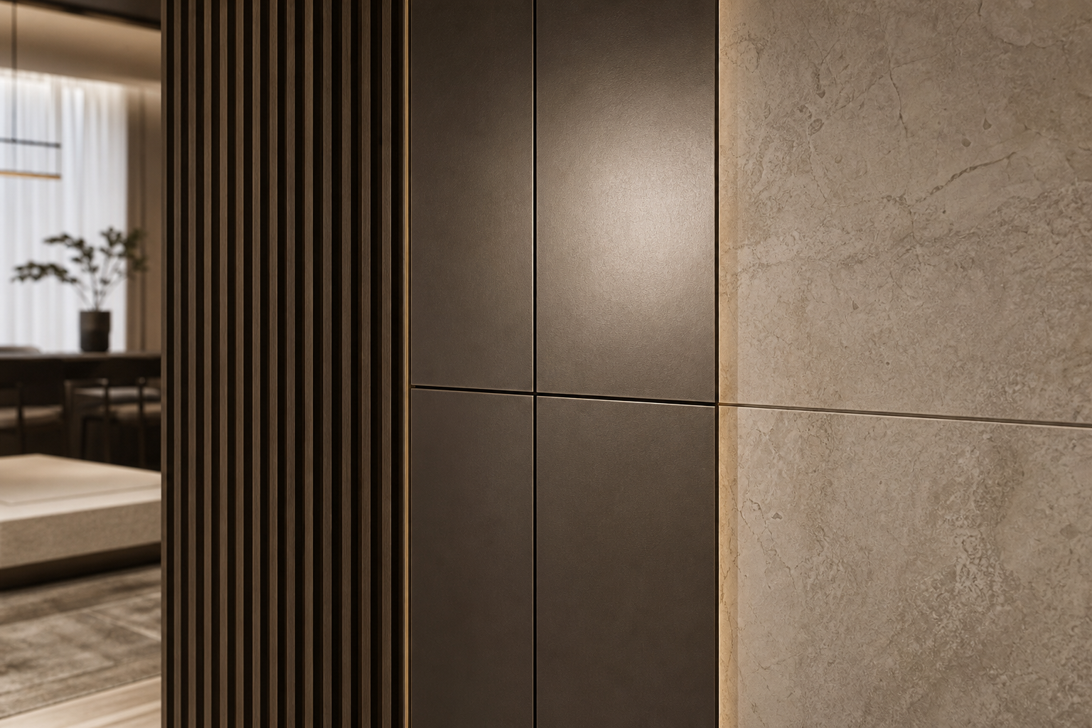 Fadior Miroir Wall Panel Suite with Bronze Shadow Rhythm — close-up of stainless steel finish and hardware detail