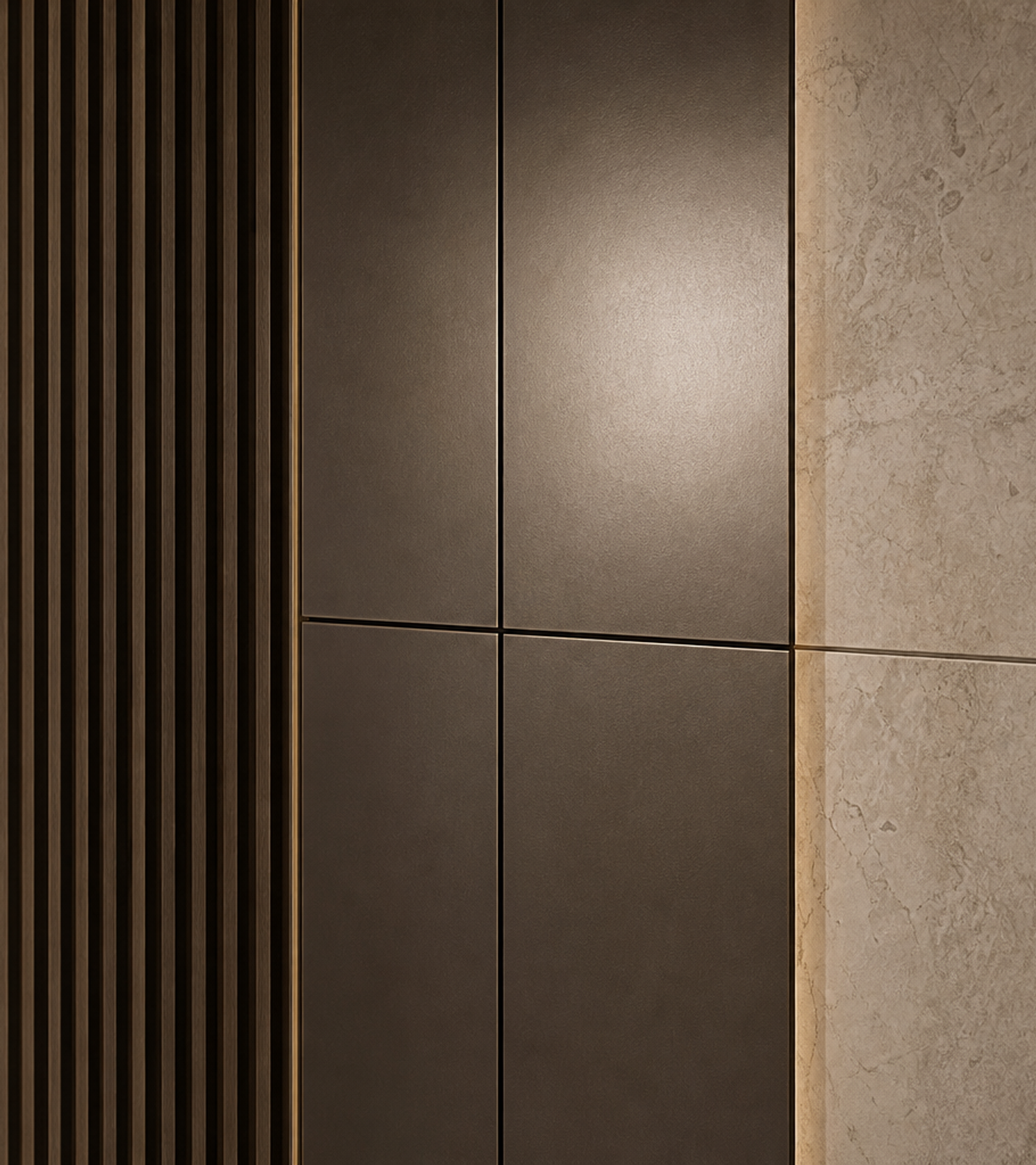 Fadior Miroir Wall Panel Suite with Bronze Shadow Rhythm — close-up of stainless steel finish and hardware detail