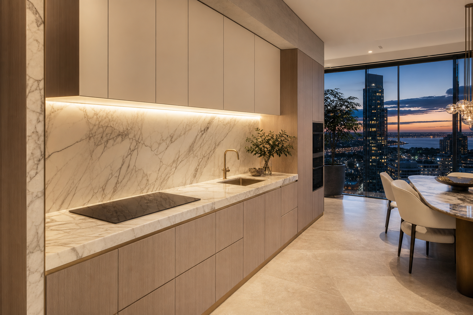Fadior Perth 280 sqm Kitchen Penthouse — Perth sink counter, cabinet wall, marble backsplash, dining chairs, city window