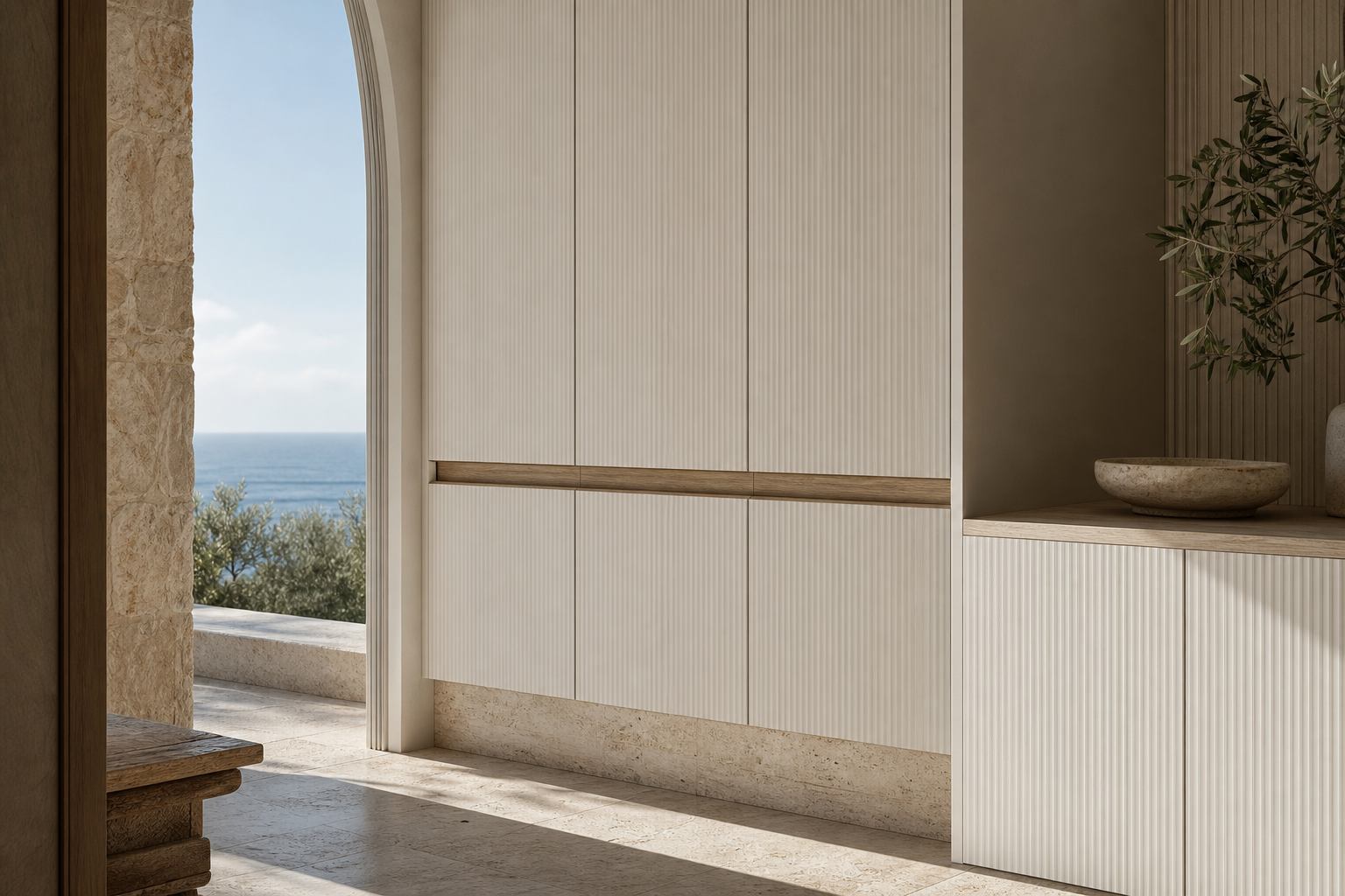Fadior Lumiere Wardrobe Suite with Fluted Ivory Valet Alcove — close-up of stainless steel finish and hardware detail