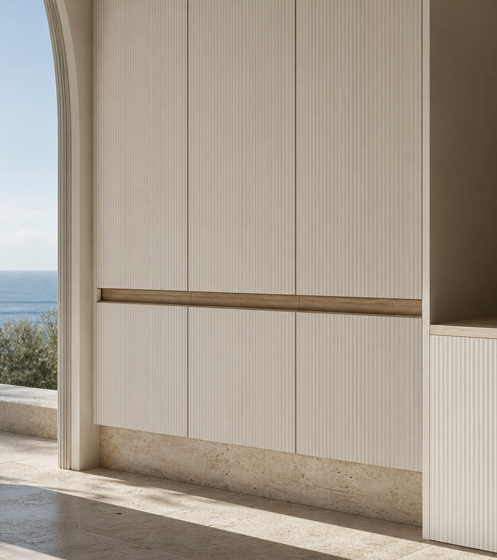 Fadior Lumiere Wardrobe Suite with Fluted Ivory Valet Alcove — close-up of stainless steel finish and hardware detail