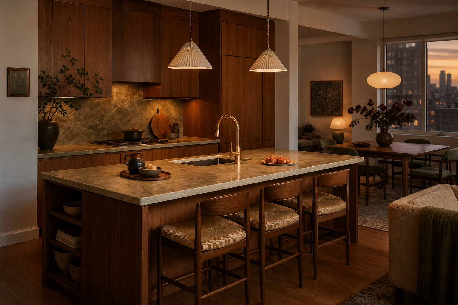 Warm apartment kitchen with a broad island, orderly cabinetry and a city view at dusk