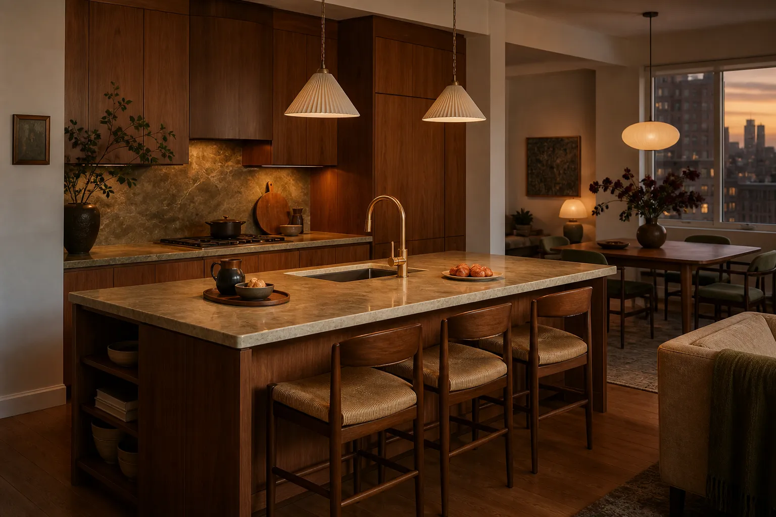 Warm apartment kitchen with a broad island, orderly cabinetry and a city view at dusk