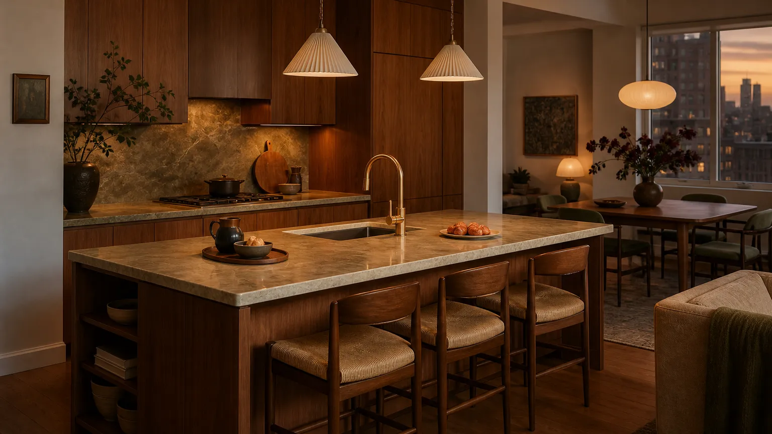 Warm apartment kitchen with a broad island, orderly cabinetry and a city view at dusk