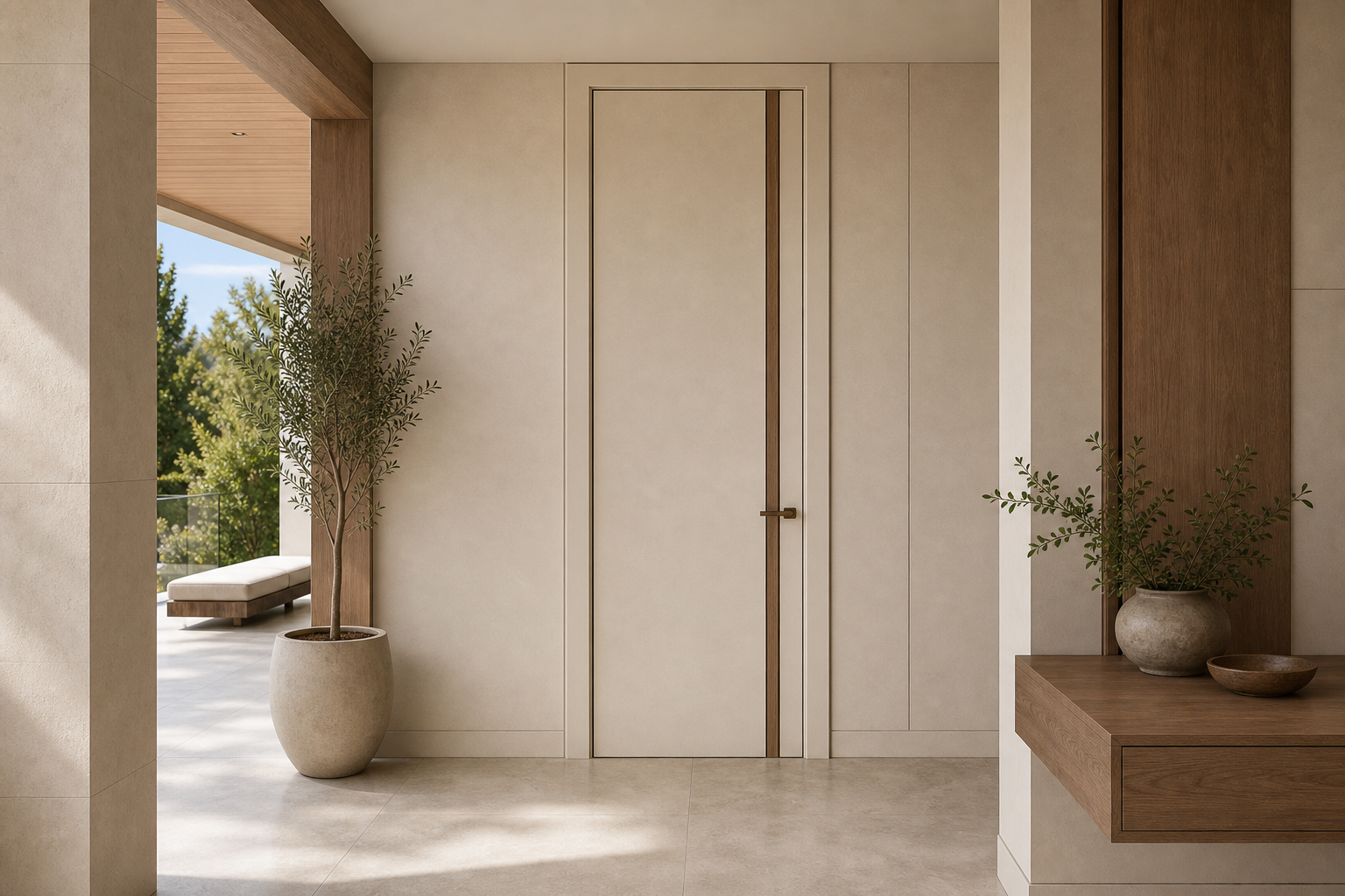Fadior Alabaster Interior Door Suite with Soft Portal Rhythm — interior room context showing cabinet integration