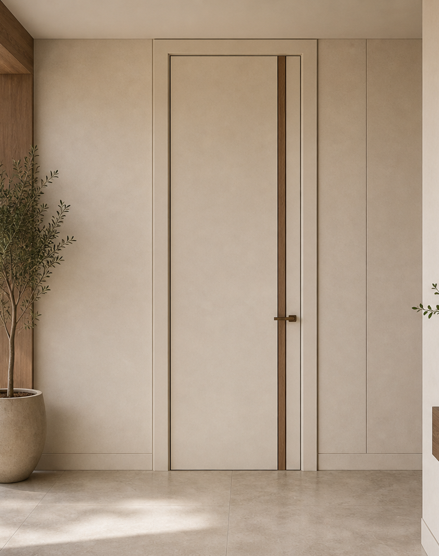Fadior Alabaster Interior Door Suite with Soft Portal Rhythm — interior room context showing cabinet integration