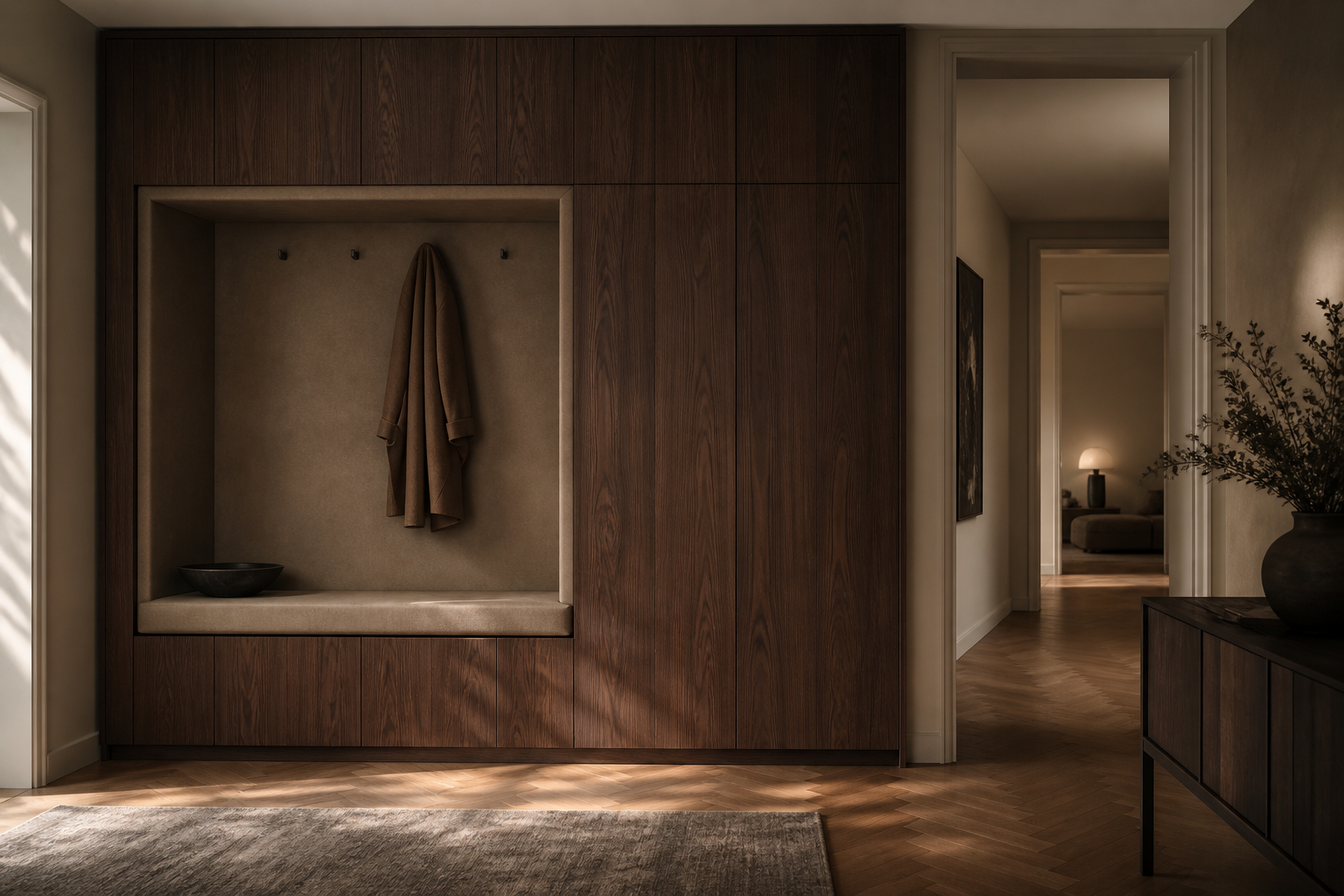 Fadior Loggia Entryway Suite with Shadowline Seating Portal — lifestyle setting with natural light and residential styling