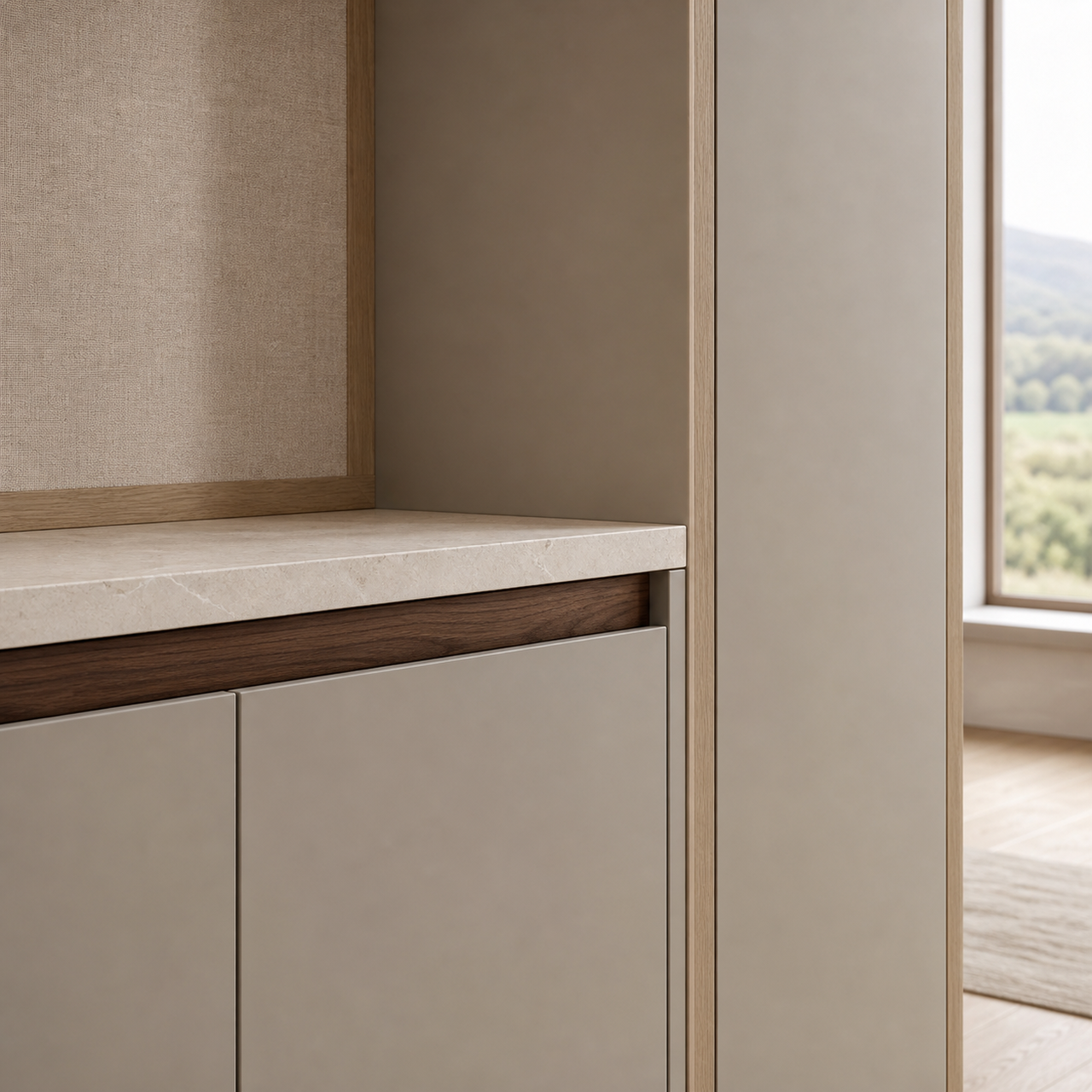 Fadior Loggia Entryway Suite with Linen Pivot Sorting Wall — close-up of stainless steel finish and hardware detail