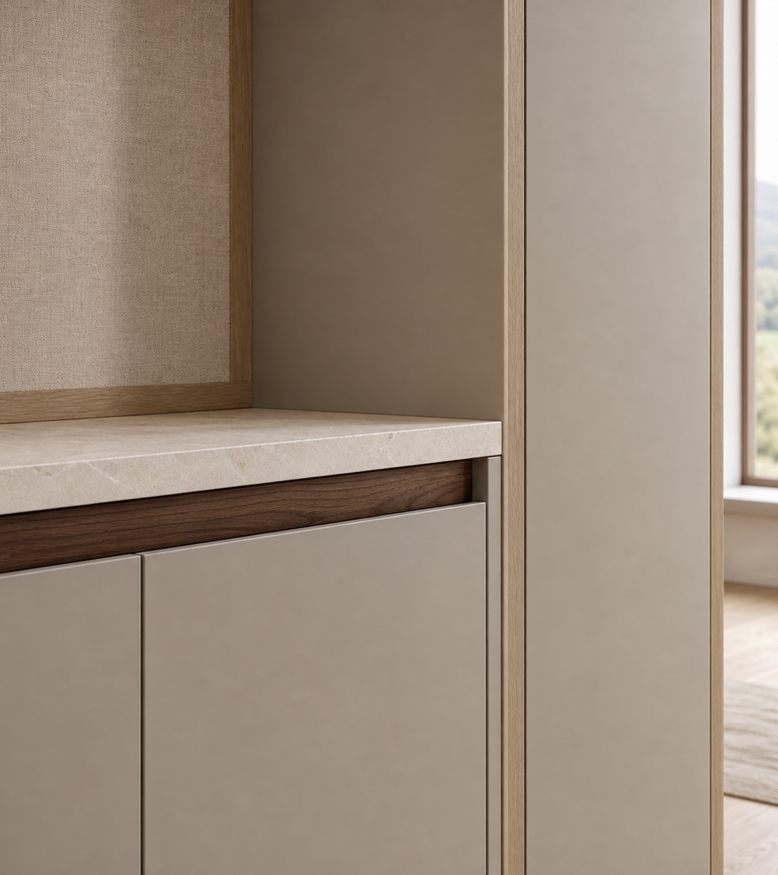 Fadior Loggia Entryway Suite with Linen Pivot Sorting Wall — close-up of stainless steel finish and hardware detail