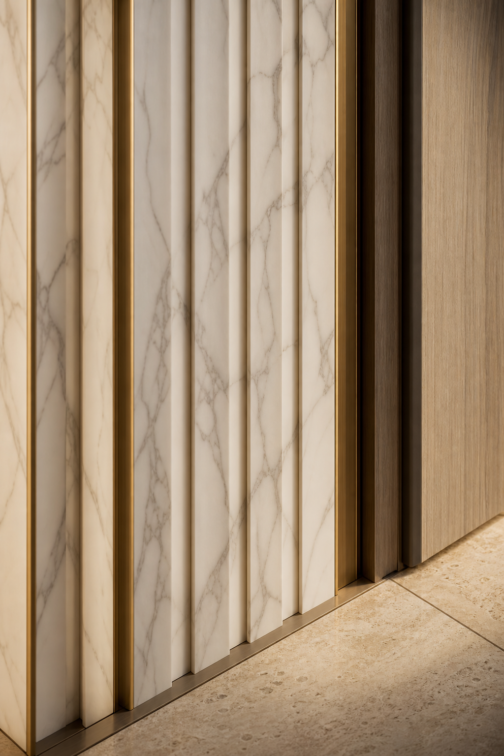 Fadior Silhouette Interior Door Suite with Fluted Shadow Passage Screen — close-up of stainless steel finish and hardware