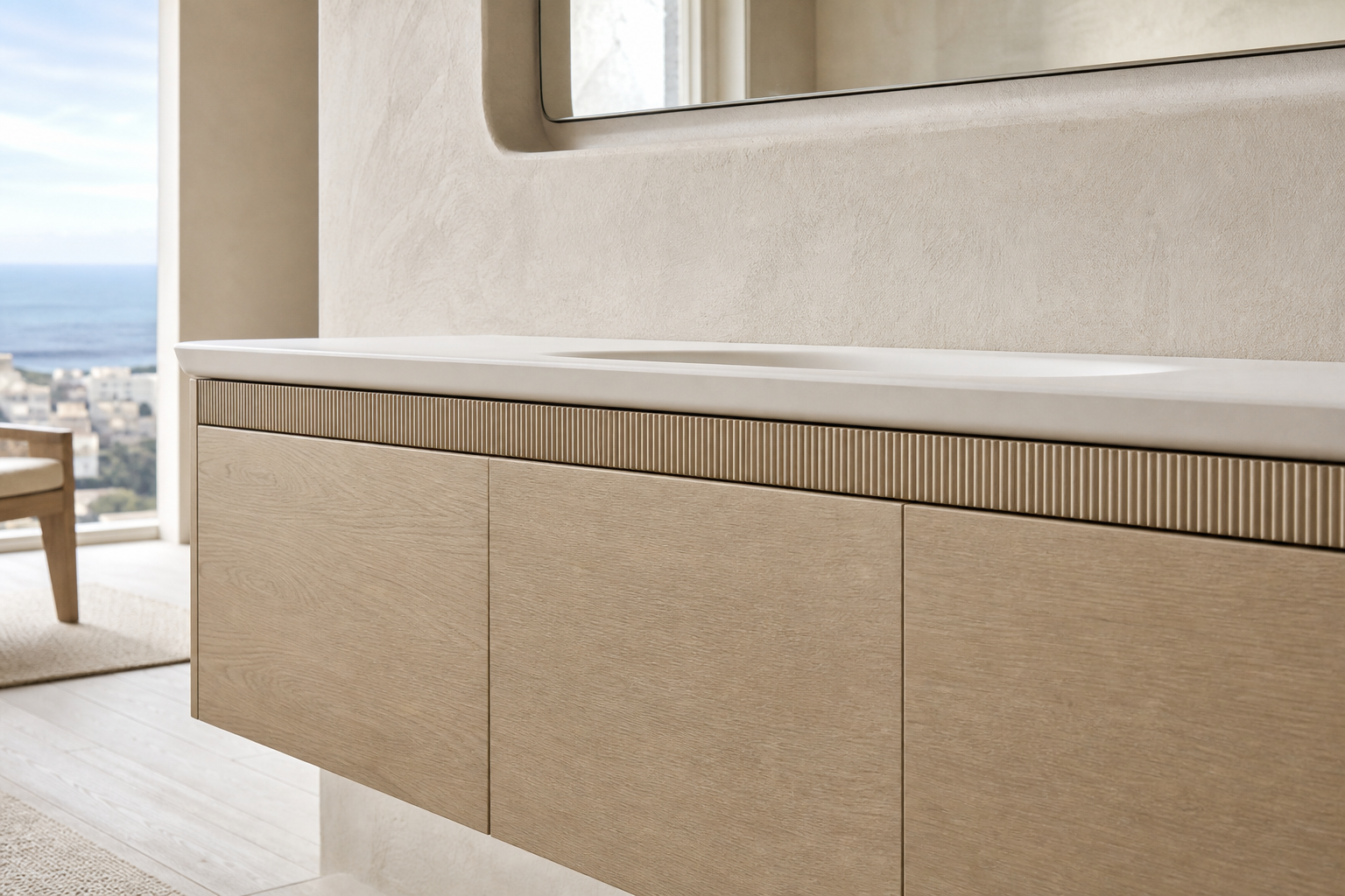 Fadior Verve Bath and Vanity Suite with Ribbed Mixer Basin Rail — close-up of stainless steel finish and hardware detail