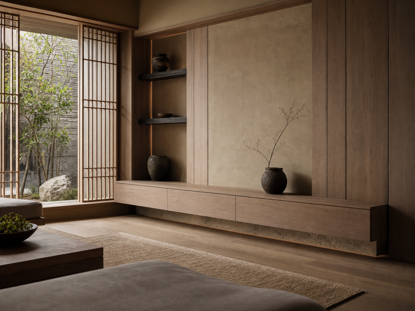 Fadior Silvan Living Room Suite with Floating Timber TV Bench — interior room context showing cabinet integration