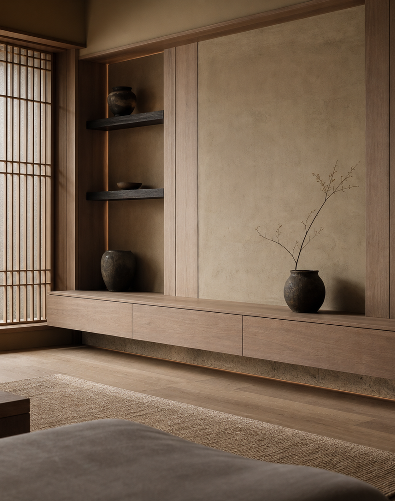Fadior Silvan Living Room Suite with Floating Timber TV Bench — interior room context showing cabinet integration