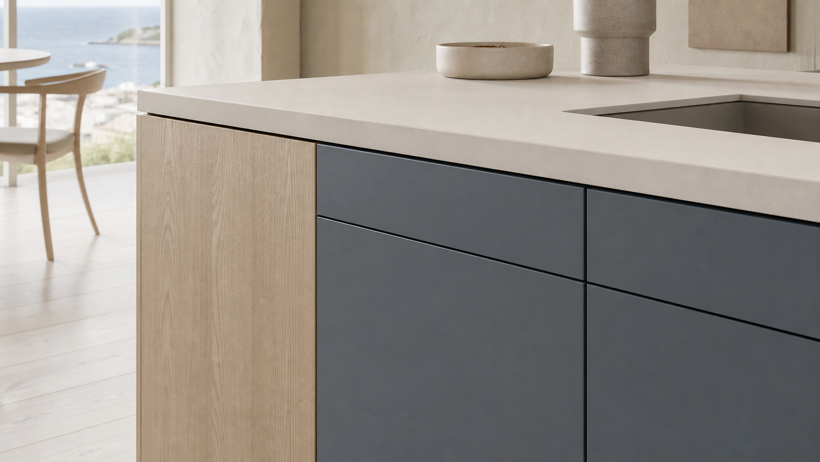 Fadior Pavilion Kitchen Suite with Soft Slate Scullery Peninsula — close-up of stainless steel finish and hardware detail