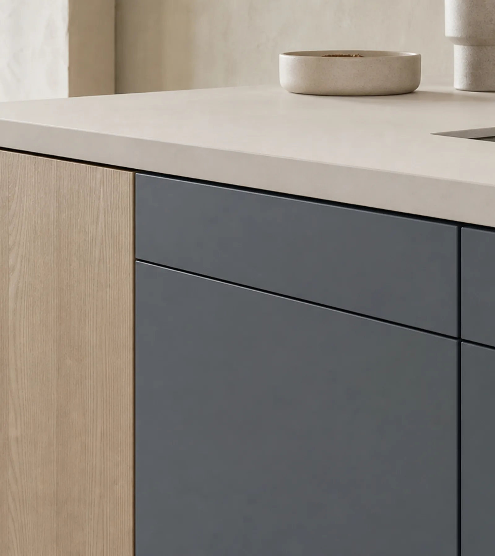 Fadior Pavilion Kitchen Suite with Soft Slate Scullery Peninsula — close-up of stainless steel finish and hardware detail