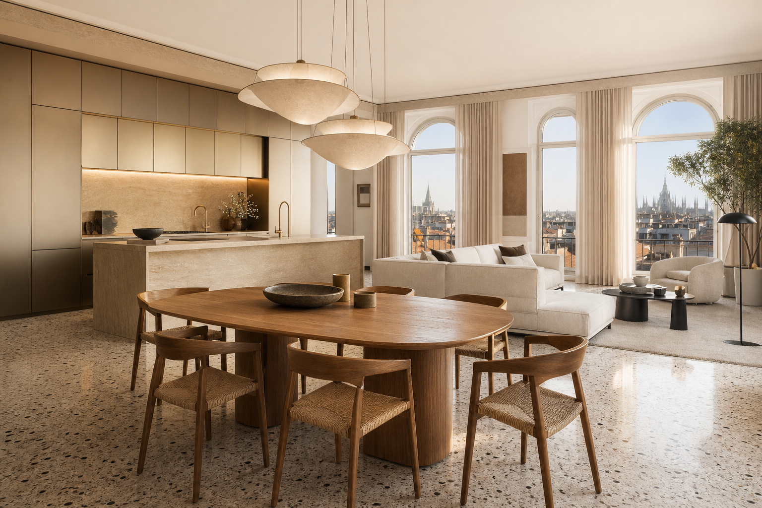 Fadior The Italian Lineage: How EuroCucina Defines the Global Luxury Kitchen Project — champagne cabinet wall, stone island, oak dining table, linen sofa, pendant lights, arched windows