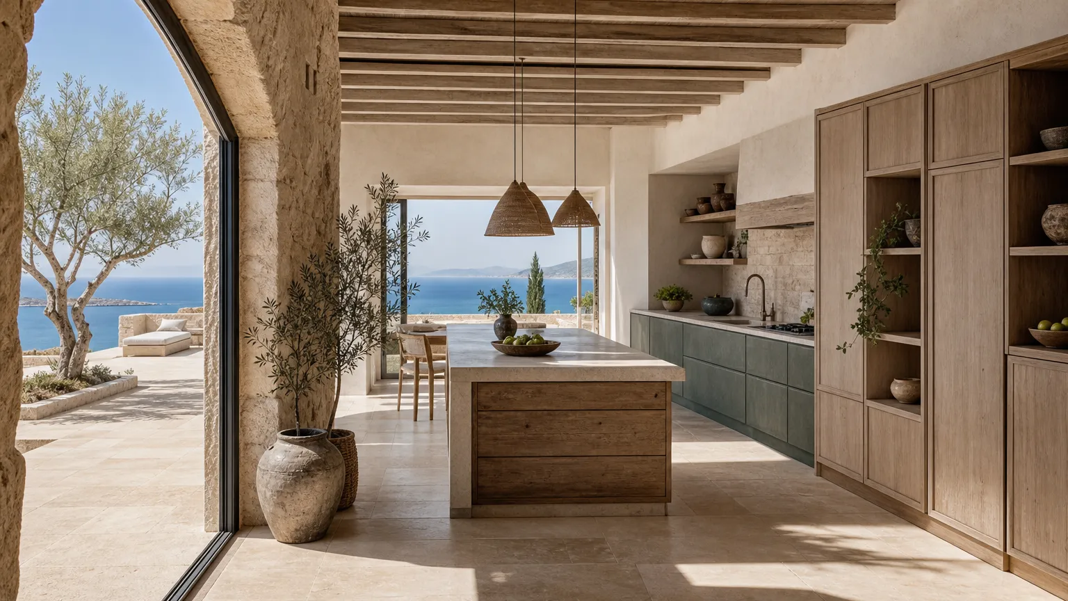 Wide Mediterranean villa kitchen with organized pantry wall, island, and sunlit terrace view.