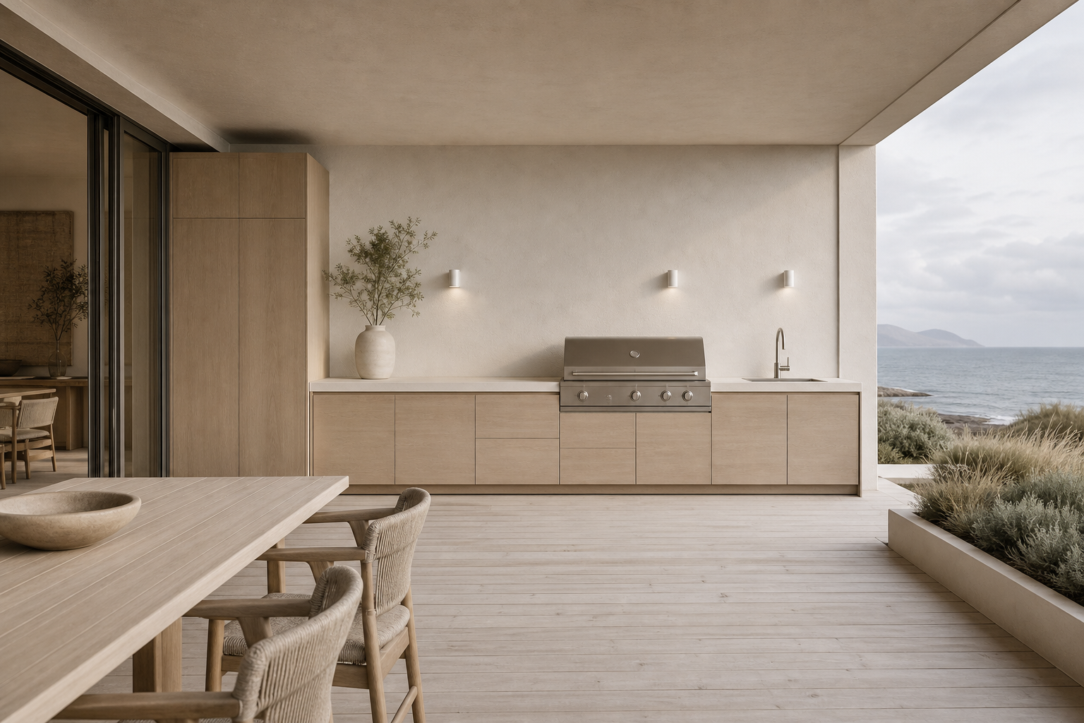 Fadior Horizon Outdoor Kitchen Suite with Whitewashed Grill Terrace — interior room context showing cabinet integration