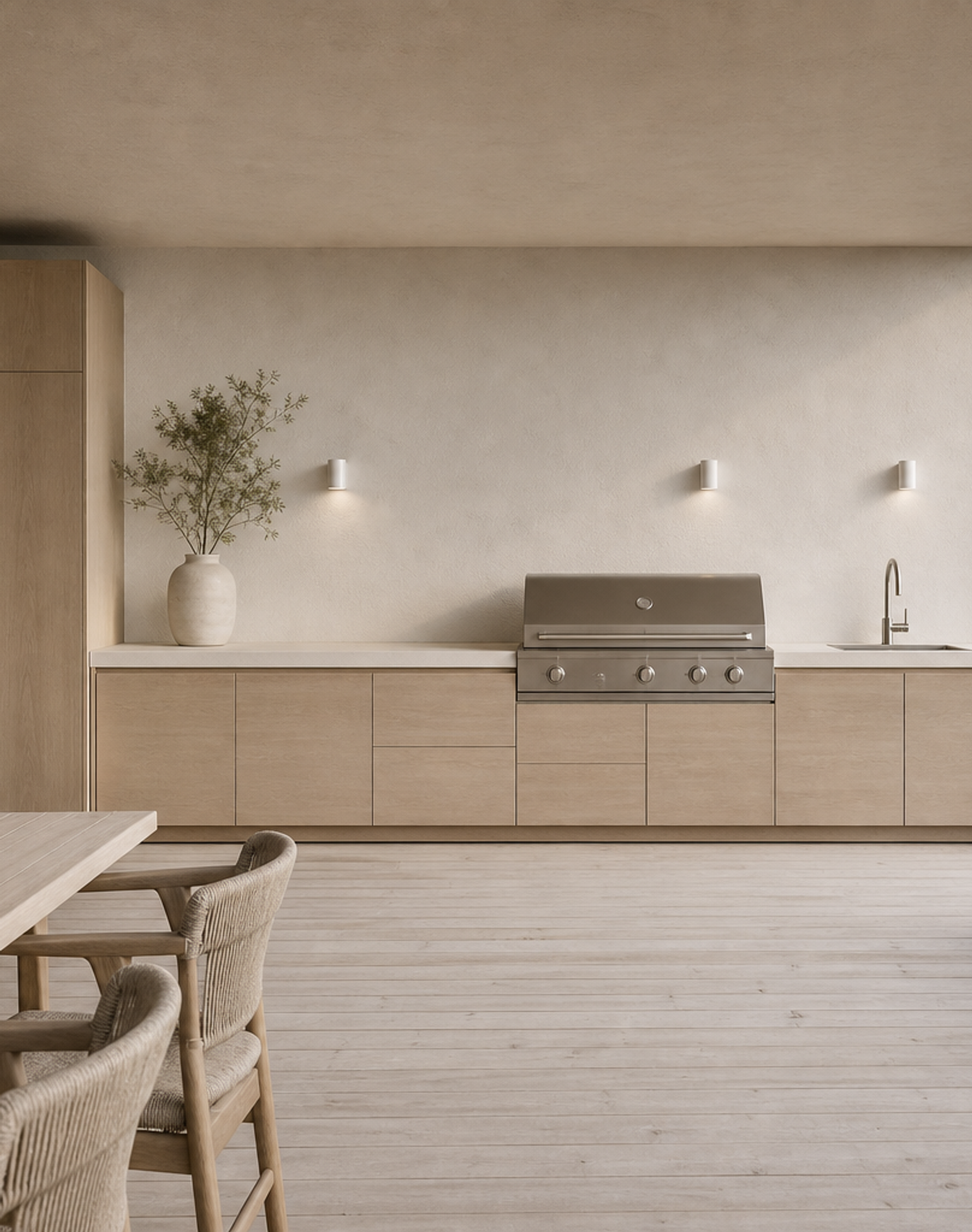 Fadior Horizon Outdoor Kitchen Suite with Whitewashed Grill Terrace — interior room context showing cabinet integration