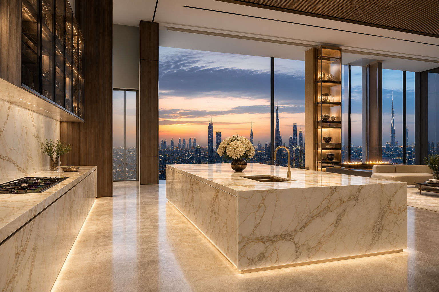 Material mood view of marble surfaces, smoked walnut cabinetry, and warm illuminated display storage.