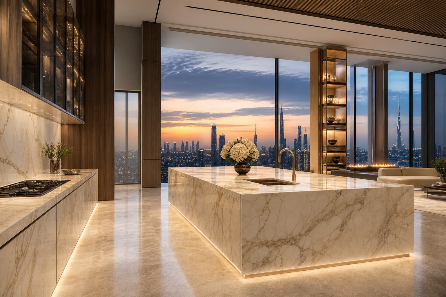 Material mood view of marble surfaces, smoked walnut cabinetry, and warm illuminated display storage.