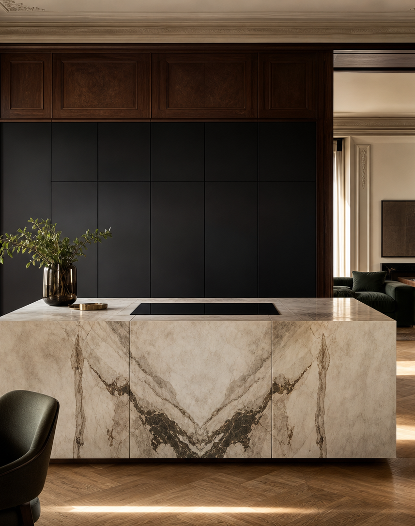 Fadior Forge Kitchen Suite with Induction Flush Island Dock — interior room context showing cabinet integration
