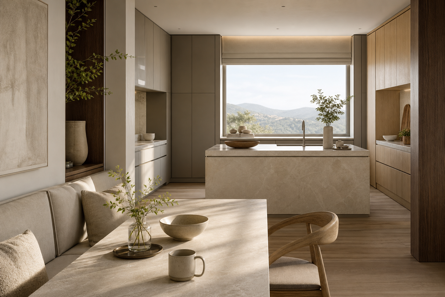 Residential kitchen context with oak breakfast nook and warm grey cabinetry for daily hardware use.